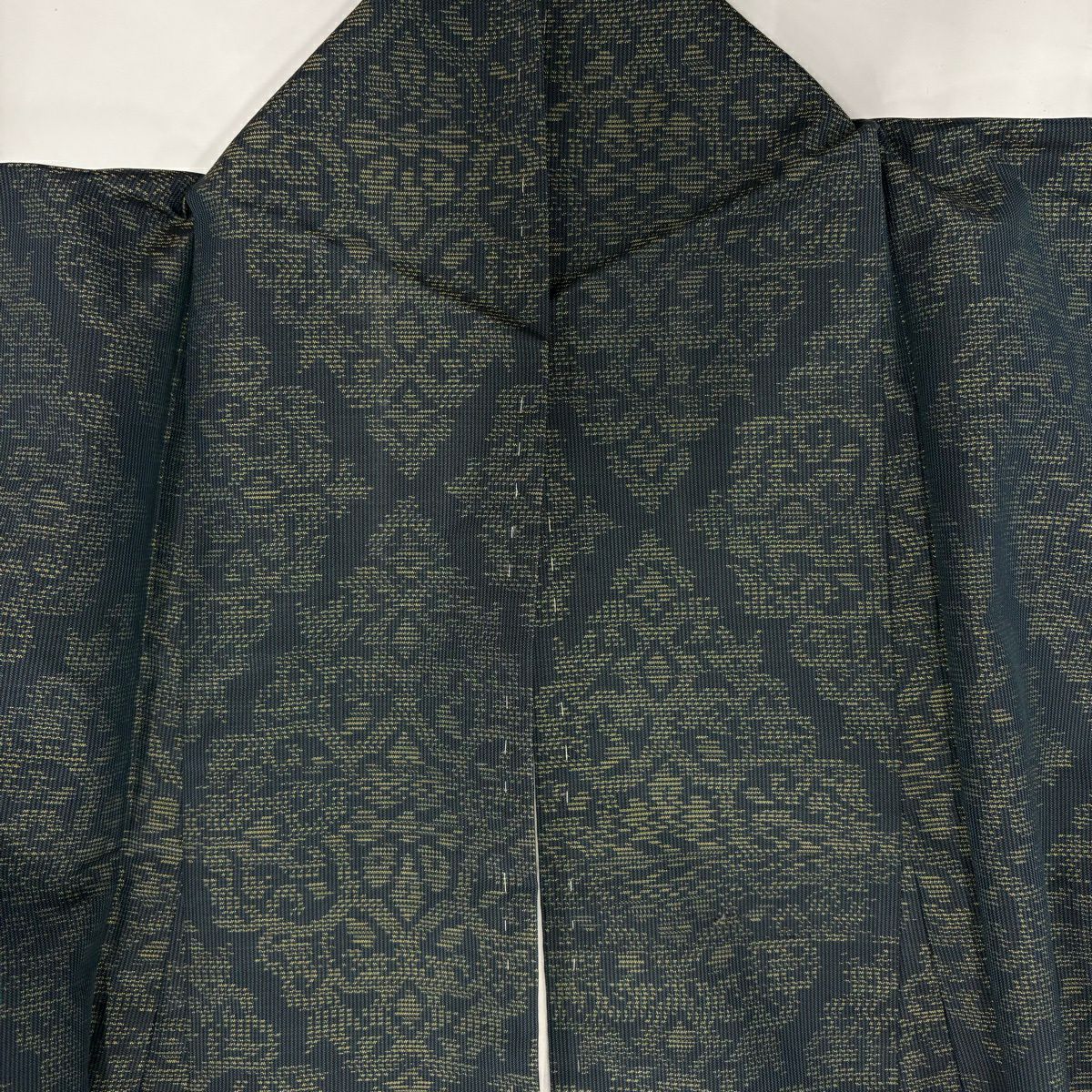 【美品】 紬織 身長157cm 袖長62.5cm S 雙層 菱 唐草紋 青綠 純蠶絲 優品級