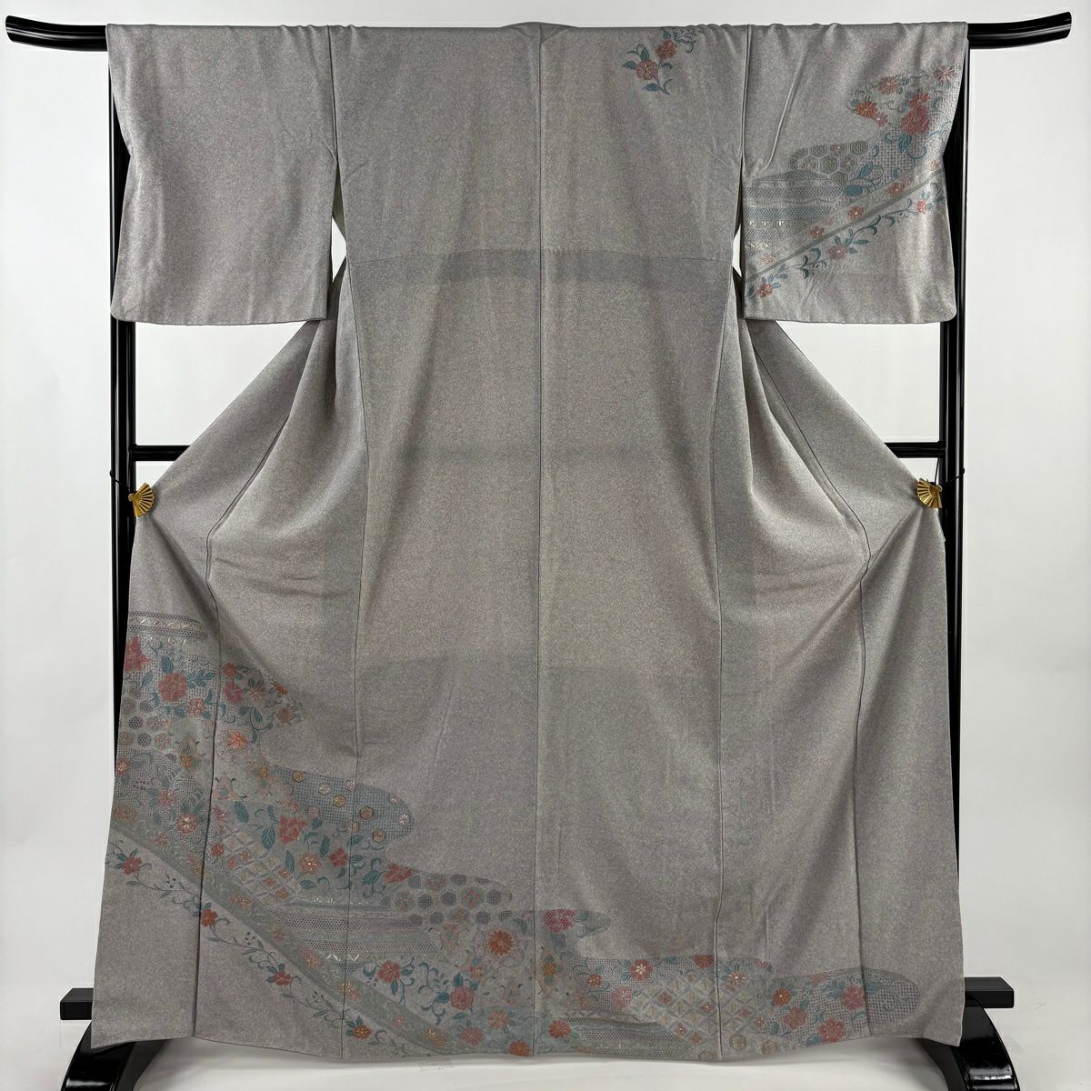 訪問服 身長167.5cm 袖長67.5cm L 雙層 花唐草紋 霞 刺繡 金線 灰紫 純蠶絲 優品級