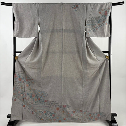 訪問服 身長167.5cm 袖長67.5cm L 雙層 花唐草紋 霞 刺繡 金線 灰紫 純蠶絲 優品級