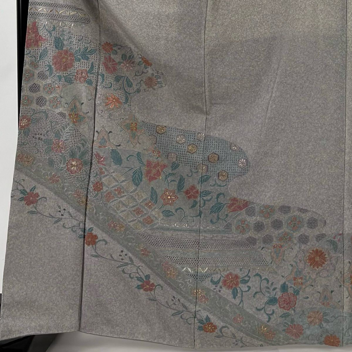 訪問服 身長167.5cm 袖長67.5cm L 雙層 花唐草紋 霞 刺繡 金線 灰紫 純蠶絲 優品級