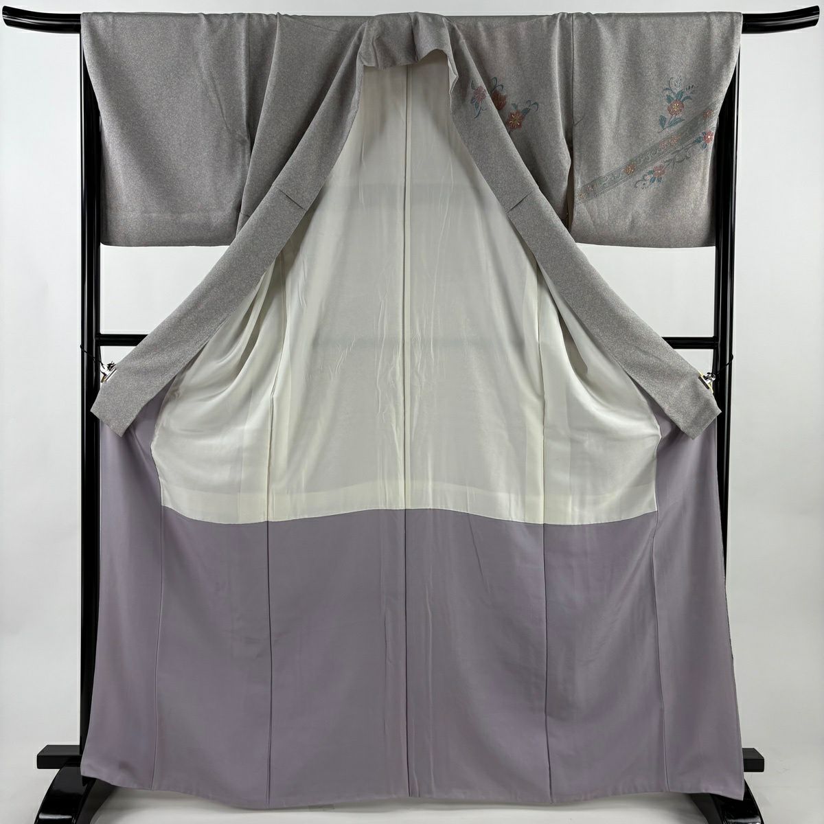 訪問服 身長167.5cm 袖長67.5cm L 雙層 花唐草紋 霞 刺繡 金線 灰紫 純蠶絲 優品級