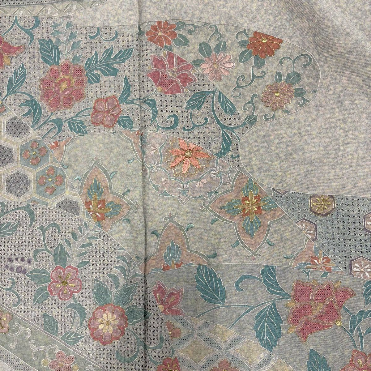 訪問服 身長167.5cm 袖長67.5cm L 雙層 花唐草紋 霞 刺繡 金線 灰紫 純蠶絲 優品級