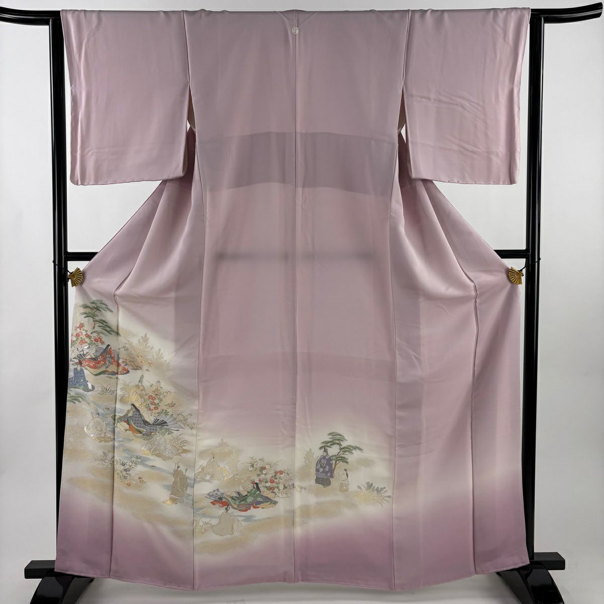 色留袖禮服 身長163.5cm 袖長64cm M 雙層 人物 草花紋紋 金銀彩 漸層 淺粉色 純蠶絲 優品級 一個紋