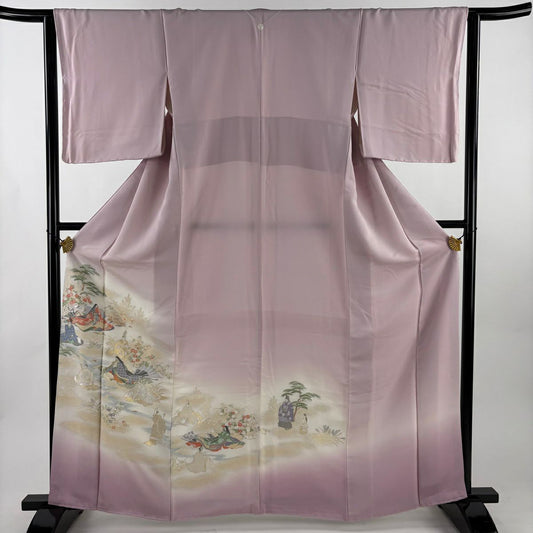 色留袖禮服 身長163.5cm 袖長64cm M 雙層 人物 草花紋紋 金銀彩 漸層 淺粉色 純蠶絲 優品級 一個紋