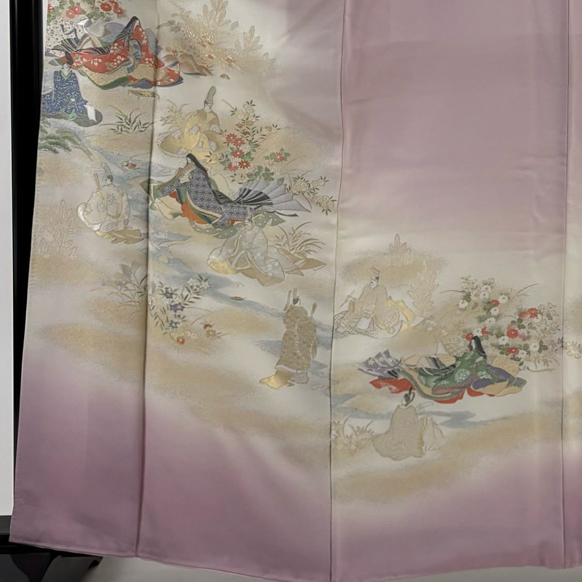 色留袖禮服 身長163.5cm 袖長64cm M 雙層 人物 草花紋紋 金銀彩 漸層 淺粉色 純蠶絲 優品級 一個紋