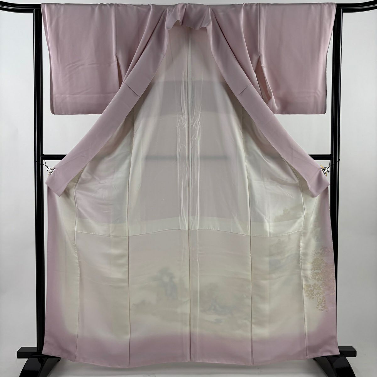 色留袖禮服 身長163.5cm 袖長64cm M 雙層 人物 草花紋紋 金銀彩 漸層 淺粉色 純蠶絲 優品級 一個紋