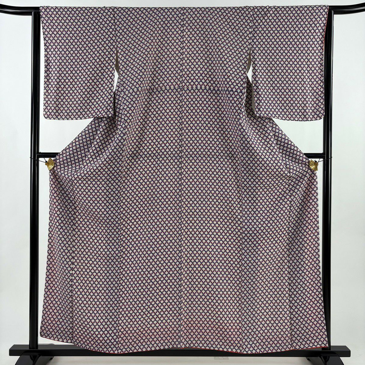 【美品】 小紋 身長158cm 袖長64.5cm M 雙層 櫻花 深紫 純蠶絲 優品級