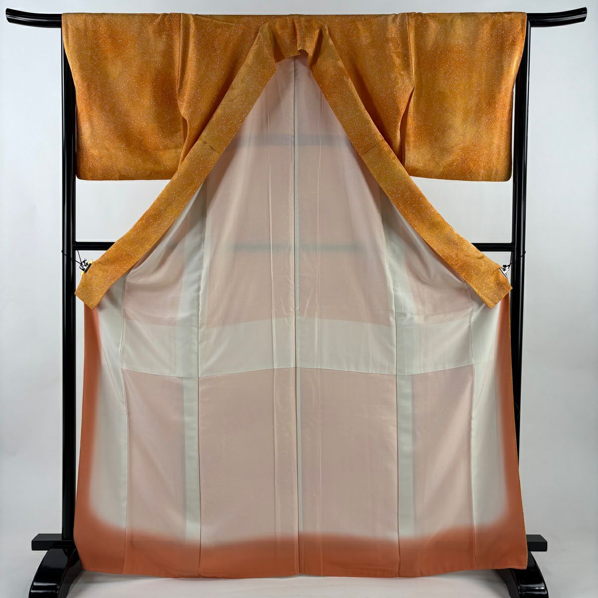 【美品】 小紋 身長168.5cm 袖長66cm M 雙層 幾何學 漸層圖案 橙色 純蠶絲 優品級