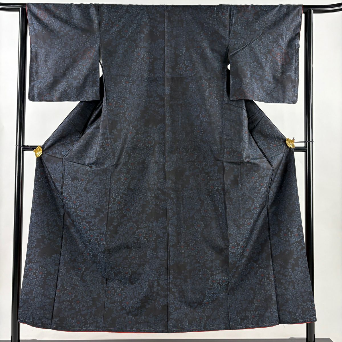 紬織 身長153.5cm 袖長63cm S 雙層 菊花 深藍 純蠶絲 優品級
