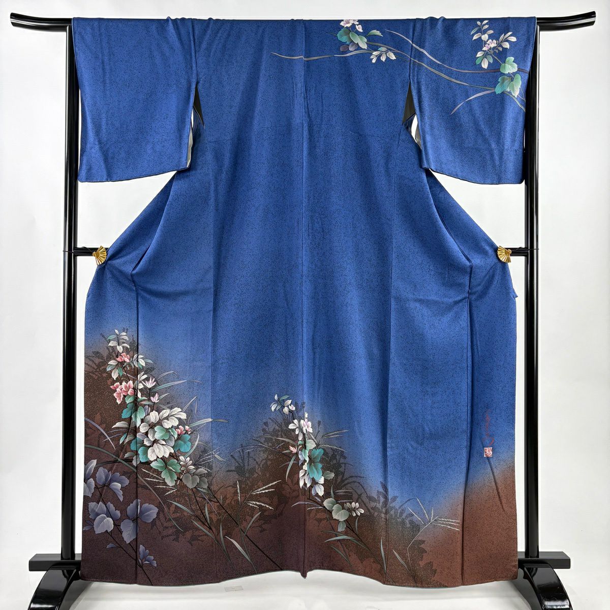 訪問服 身長164cm 袖長67.5cm L 雙層 落款有 草花紋紋 輪廓 金彩裝飾 染分 青 純蠶絲 優品級