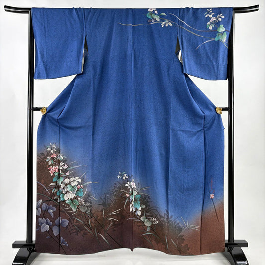 訪問服 身長164cm 袖長67.5cm L 雙層 落款有 草花紋紋 輪廓 金彩裝飾 染分 青 純蠶絲 優品級