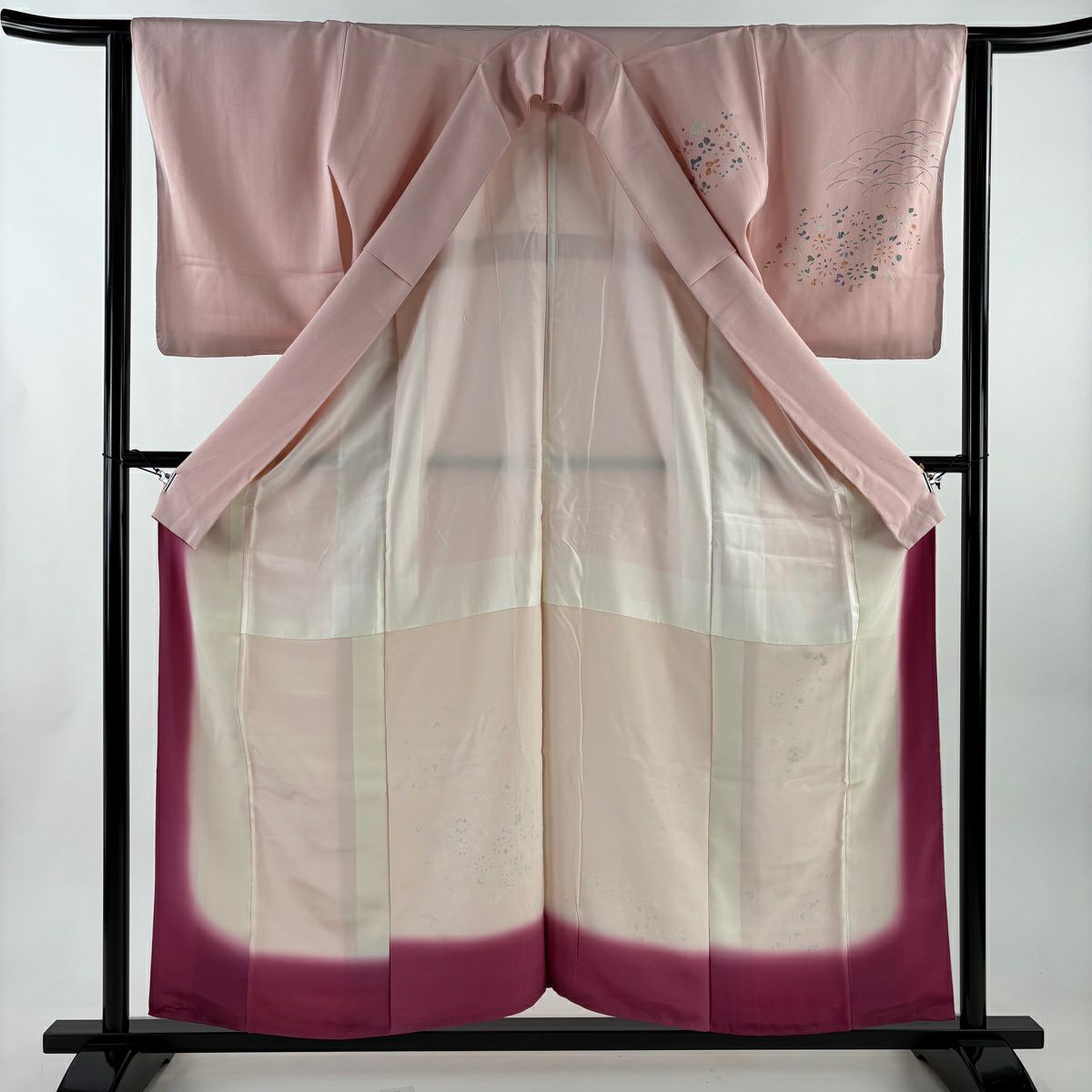 訪問服 身長156cm 袖長63.5cm S 雙層 草花紋紋 芝 刺繡 粉紅 純蠶絲 優品級