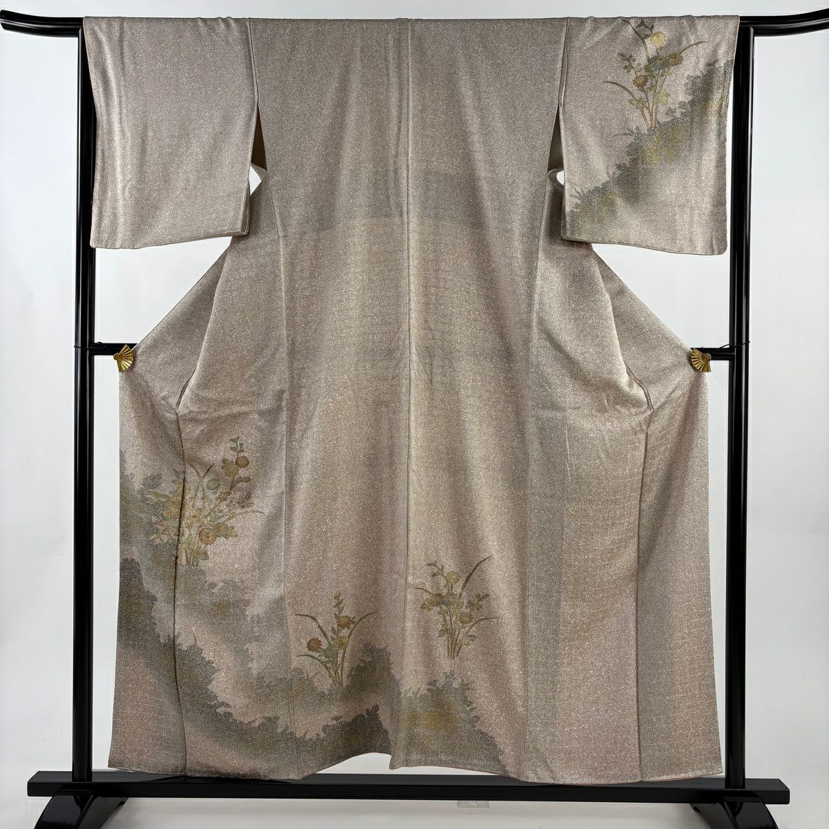 訪問服 身長156cm 袖長66.5cm M 雙層 菊花 萩 金彩裝飾 漸層 淺茶 純蠶絲 優品級