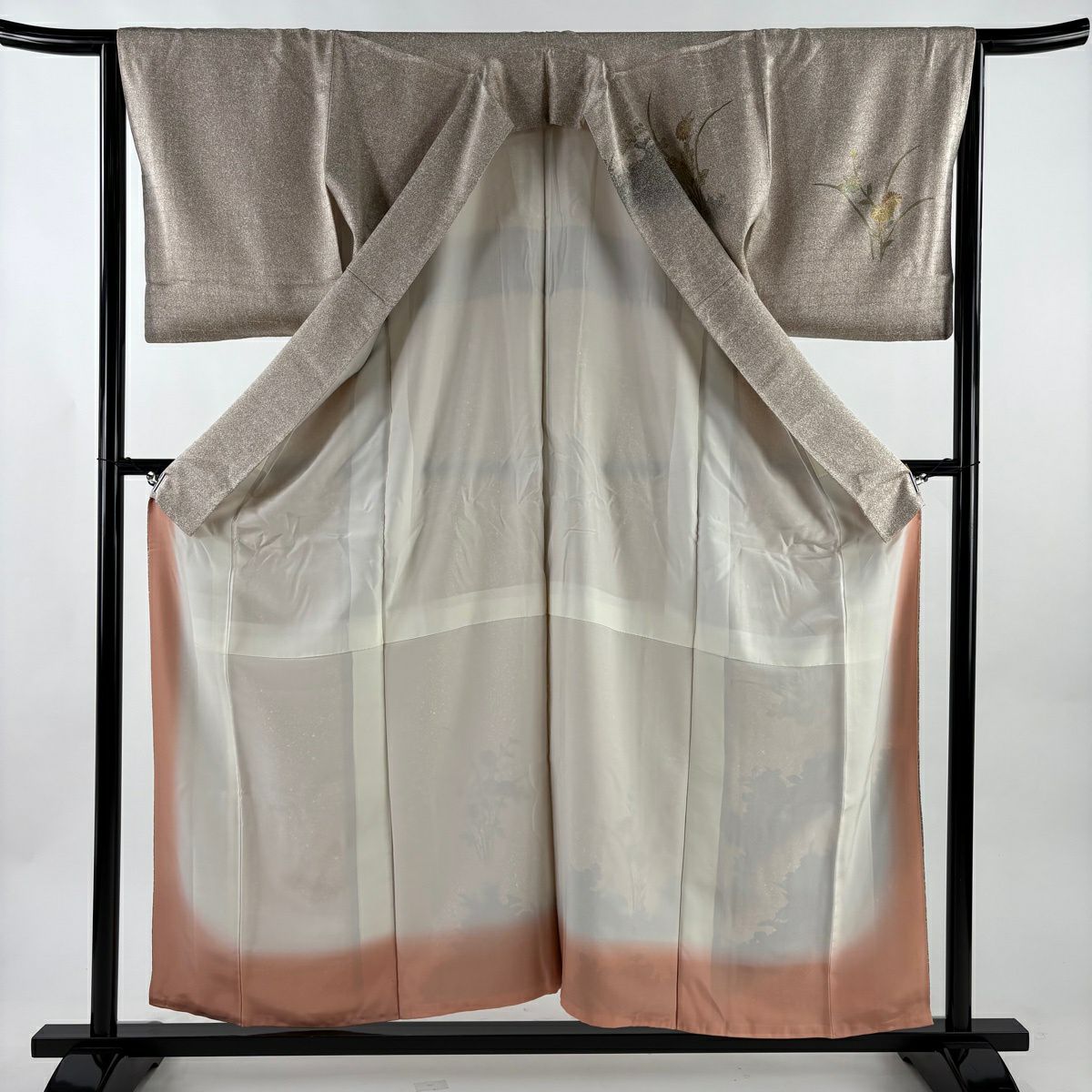 訪問服 身長156cm 袖長66.5cm M 雙層 菊花 萩 金彩裝飾 漸層 淺茶 純蠶絲 優品級