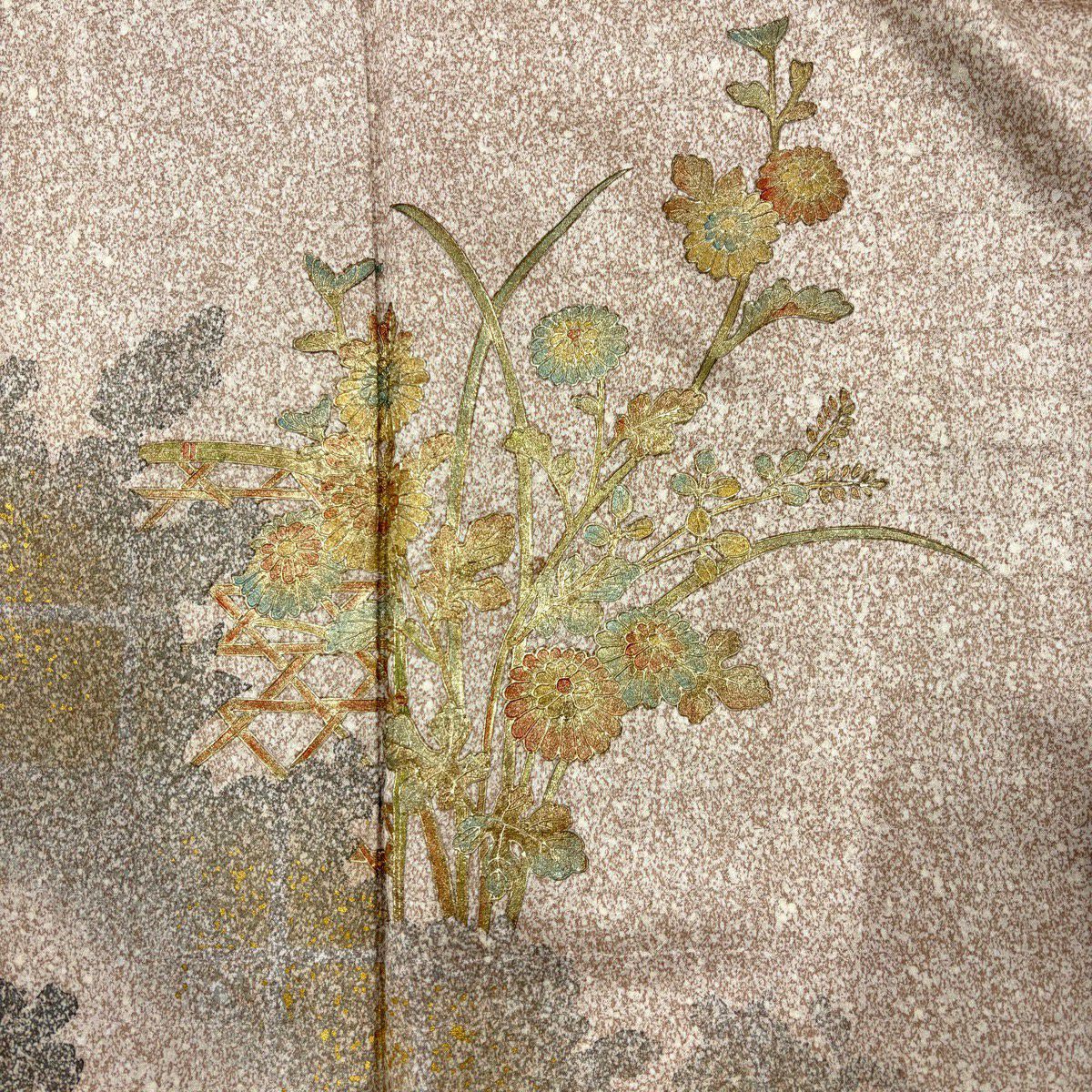 訪問服 身長156cm 袖長66.5cm M 雙層 菊花 萩 金彩裝飾 漸層 淺茶 純蠶絲 優品級