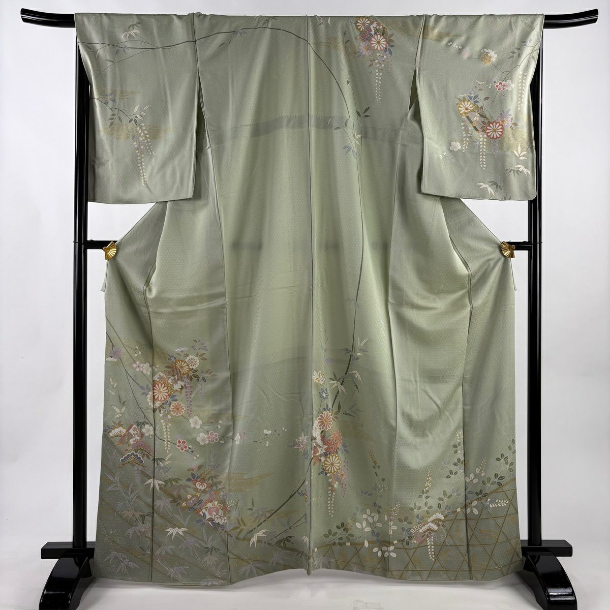 訪問服 身長166.5cm 袖長69cm L 雙層 松樹竹子梅花 冊子 金銀彩 漸層 淺綠 純蠶絲 優品級