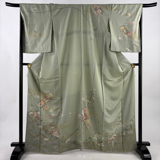 訪問服 身長166.5cm 袖長69cm L 雙層 松樹竹子梅花 冊子 金銀彩 漸層 淺綠 純蠶絲 優品級