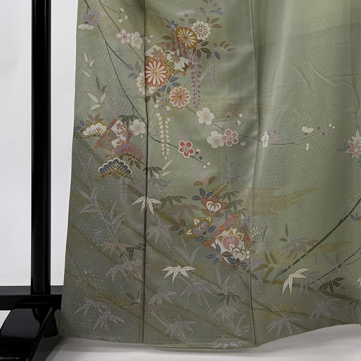 訪問服 身長166.5cm 袖長69cm L 雙層 松樹竹子梅花 冊子 金銀彩 漸層 淺綠 純蠶絲 優品級