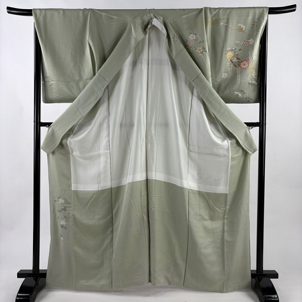 訪問服 身長166.5cm 袖長69cm L 雙層 松樹竹子梅花 冊子 金銀彩 漸層 淺綠 純蠶絲 優品級