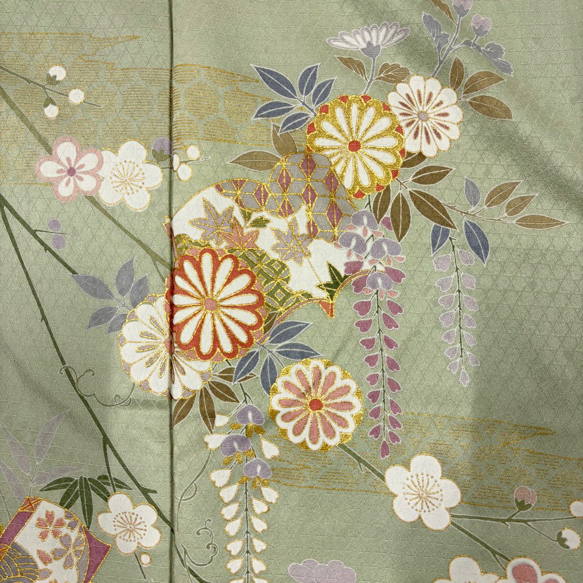 訪問服 身長166.5cm 袖長69cm L 雙層 松樹竹子梅花 冊子 金銀彩 漸層 淺綠 純蠶絲 優品級