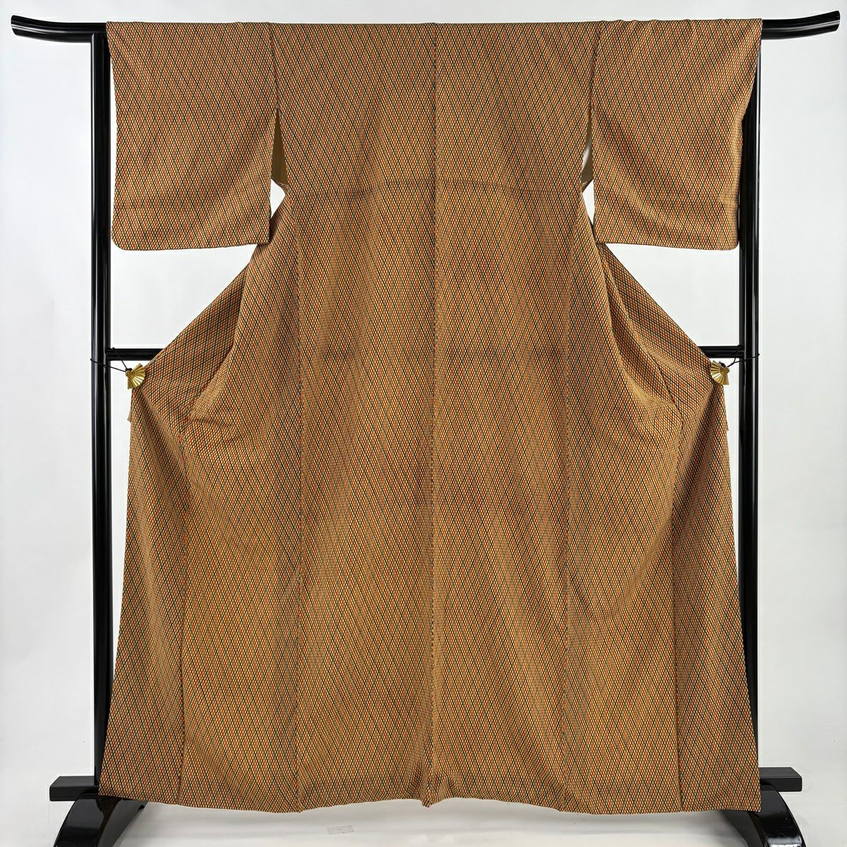 【美品】 小紋 身長163cm 袖長65cm M 雙層 斜格子 黃土 純蠶絲 優品級