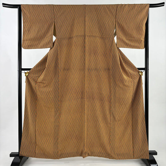 【美品】 小紋 身長163cm 袖長65cm M 雙層 斜格子 黃土 純蠶絲 優品級