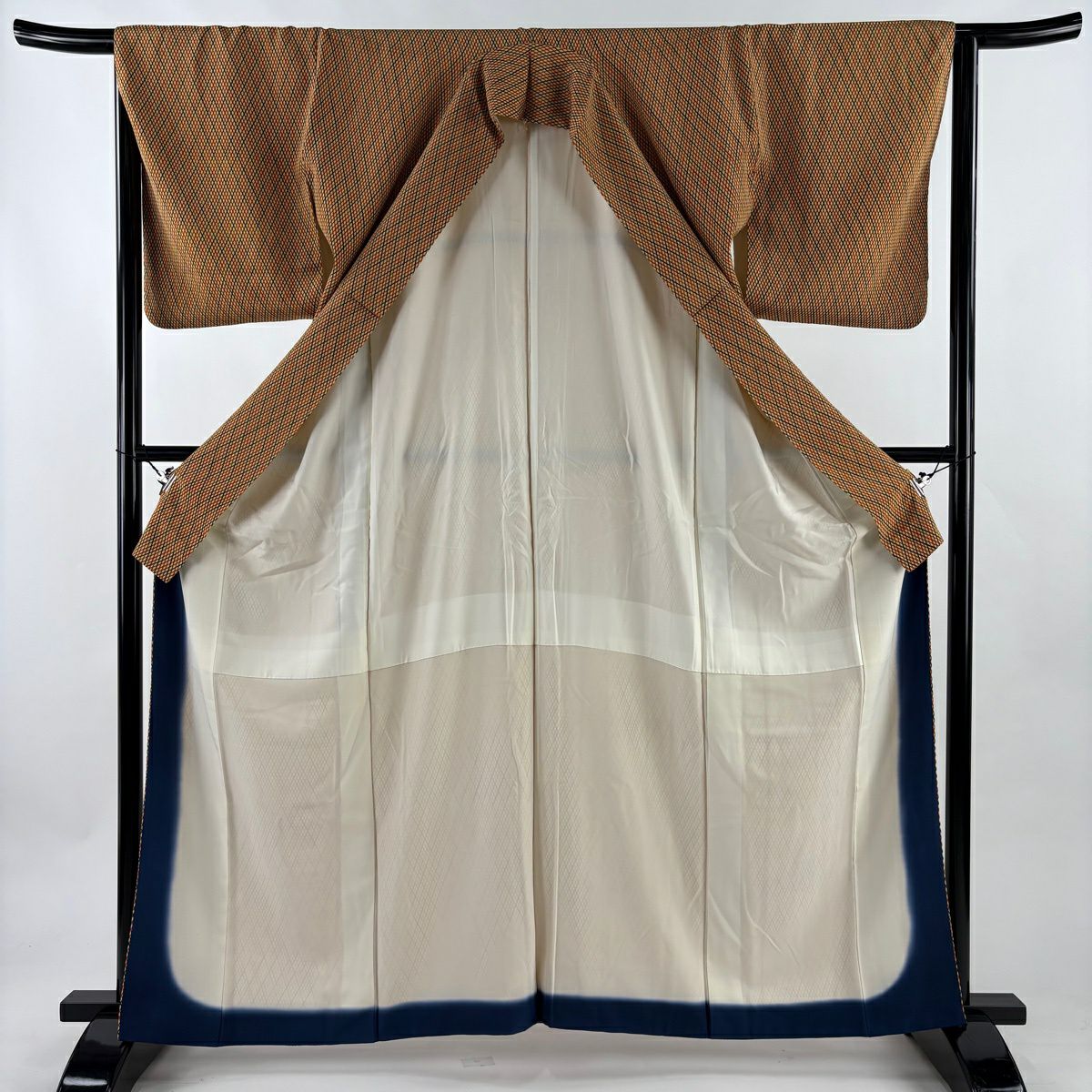 【美品】 小紋 身長163cm 袖長65cm M 雙層 斜格子 黃土 純蠶絲 優品級