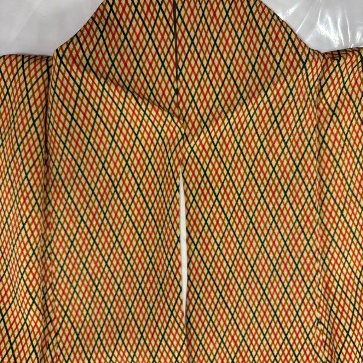 【美品】 小紋 身長163cm 袖長65cm M 雙層 斜格子 黃土 純蠶絲 優品級