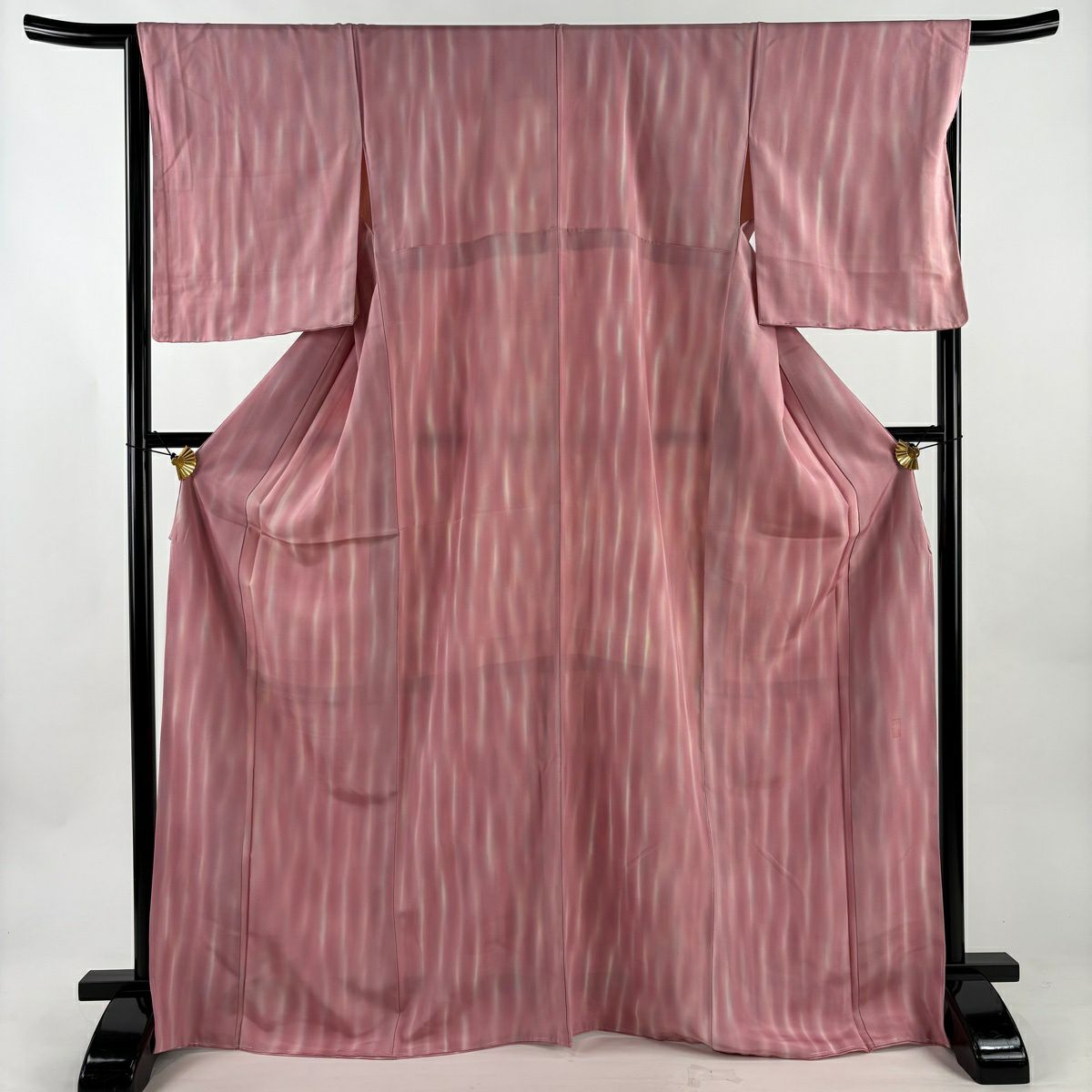 【美品】 小紋 身長169.5cm 袖長67cm M 雙層 落款あり 縞 幾何學 漸層 粉紅 純蠶絲 優品級