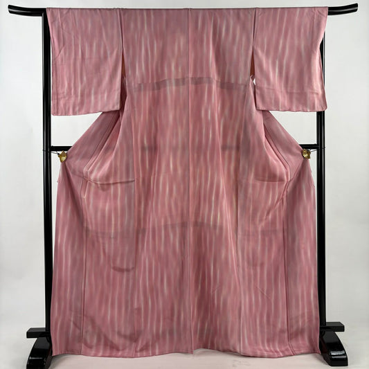 【美品】 小紋 身長169.5cm 袖長67cm M 雙層 落款あり 縞 幾何學 漸層 粉紅 純蠶絲 優品級
