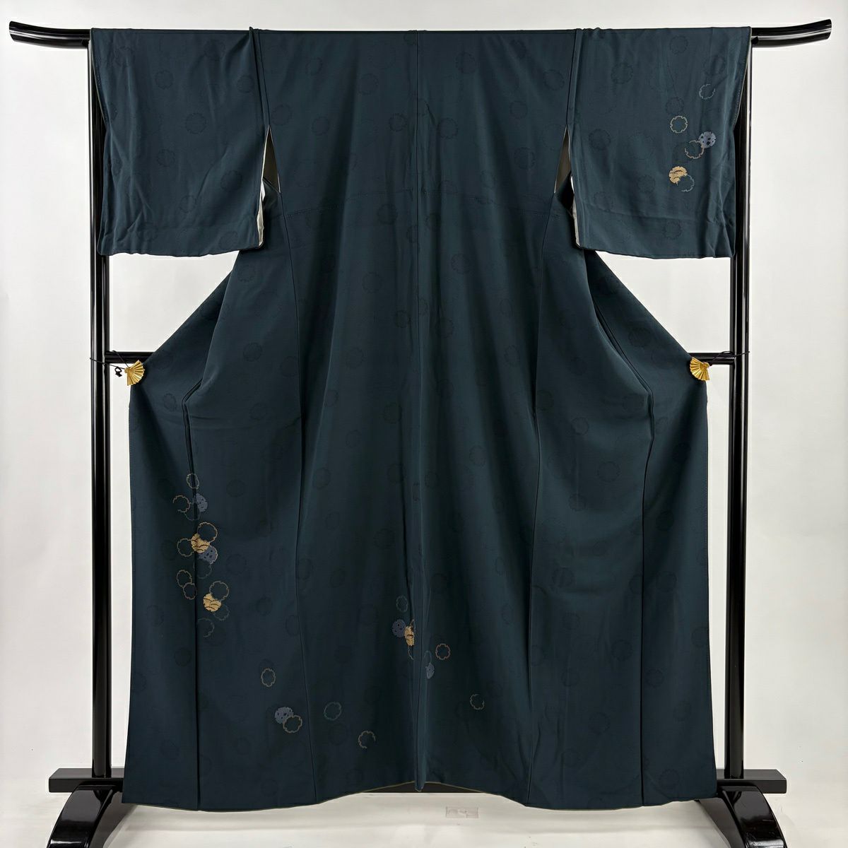 付下 身長160cm 袖長67.5cm L 雙層 雪輪 芝 金絲 金銀彩 深綠 純蠶絲 優品級