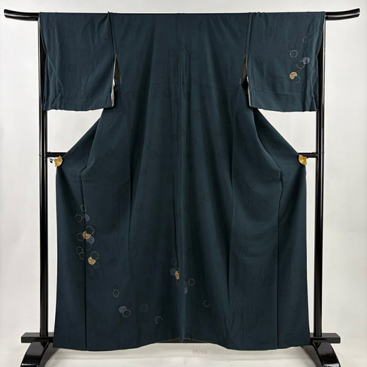 付下 身長160cm 袖長67.5cm L 雙層 雪輪 芝 金絲 金銀彩 深綠 純蠶絲 優品級