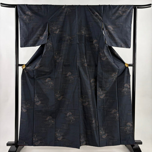 【美品】 紬織 身長162cm 袖長64.5cm M 雙層 套裝 扇子子 霞 深藍 純蠶絲 優品級