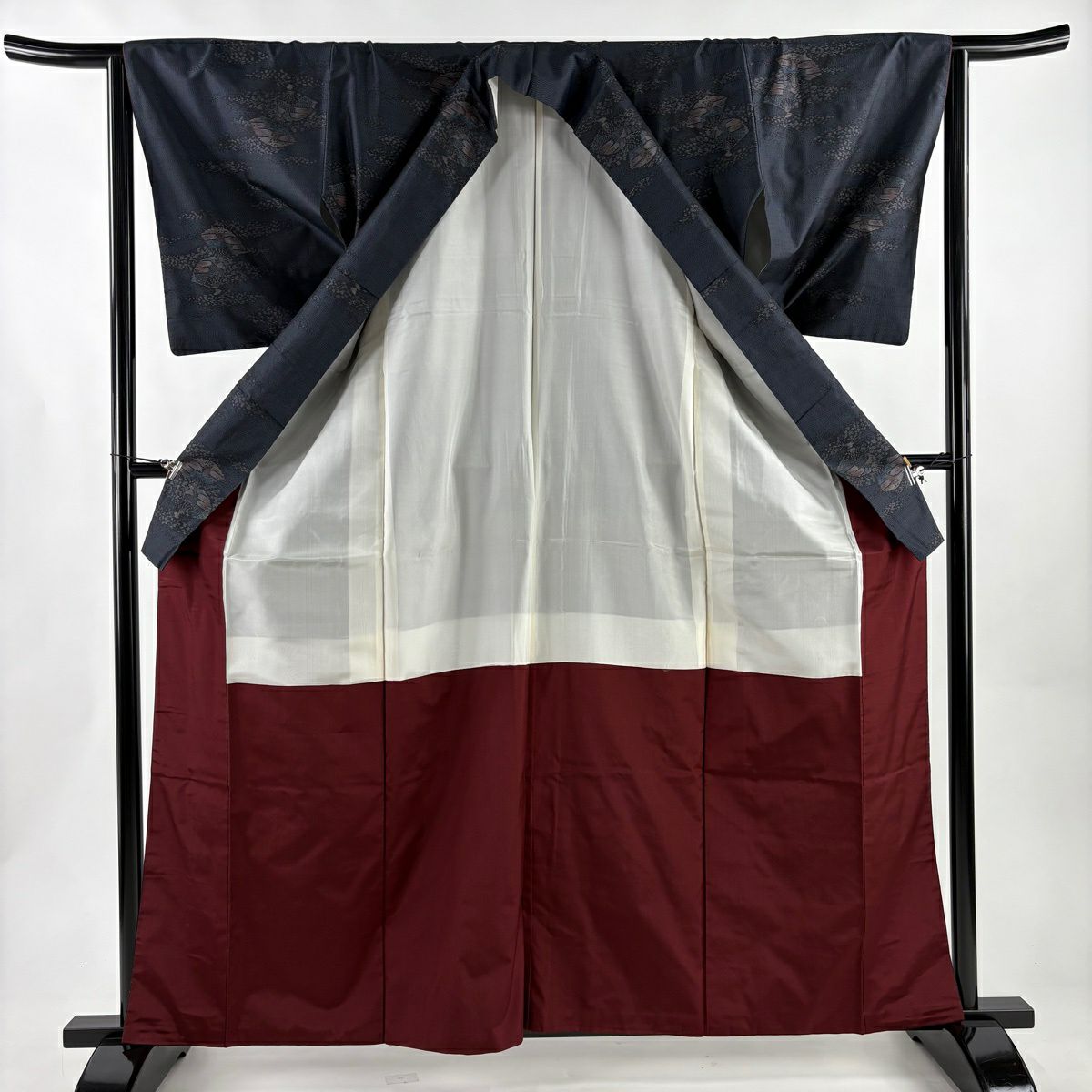 【美品】 紬織 身長162cm 袖長64.5cm M 雙層 套裝 扇子子 霞 深藍 純蠶絲 優品級