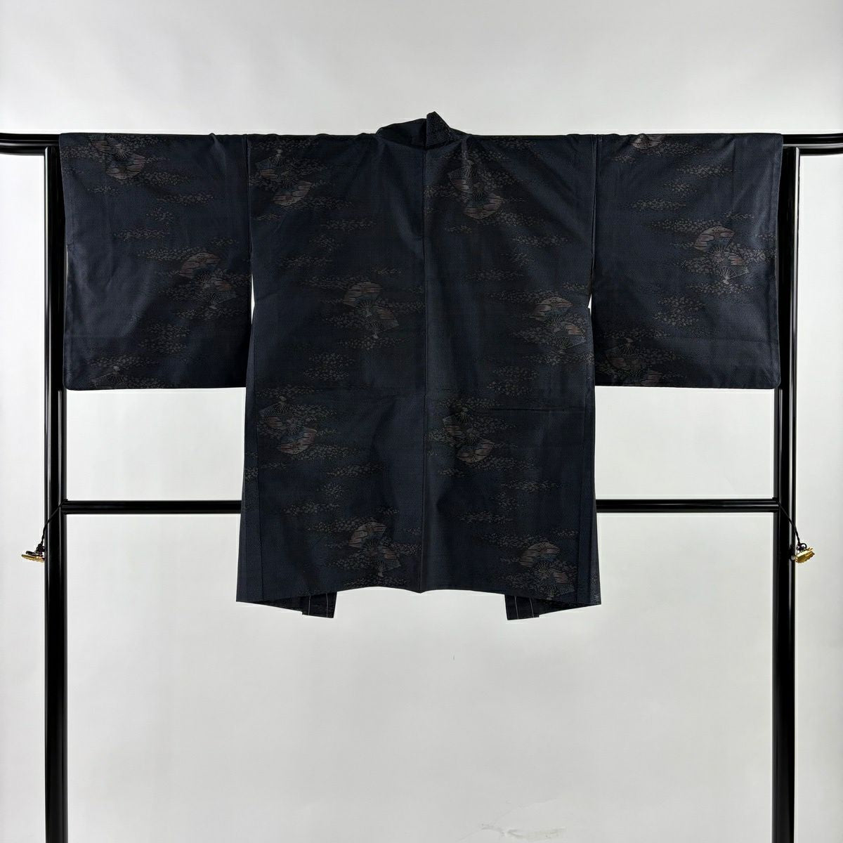 【美品】 紬織 身長162cm 袖長64.5cm M 雙層 套裝 扇子子 霞 深藍 純蠶絲 優品級
