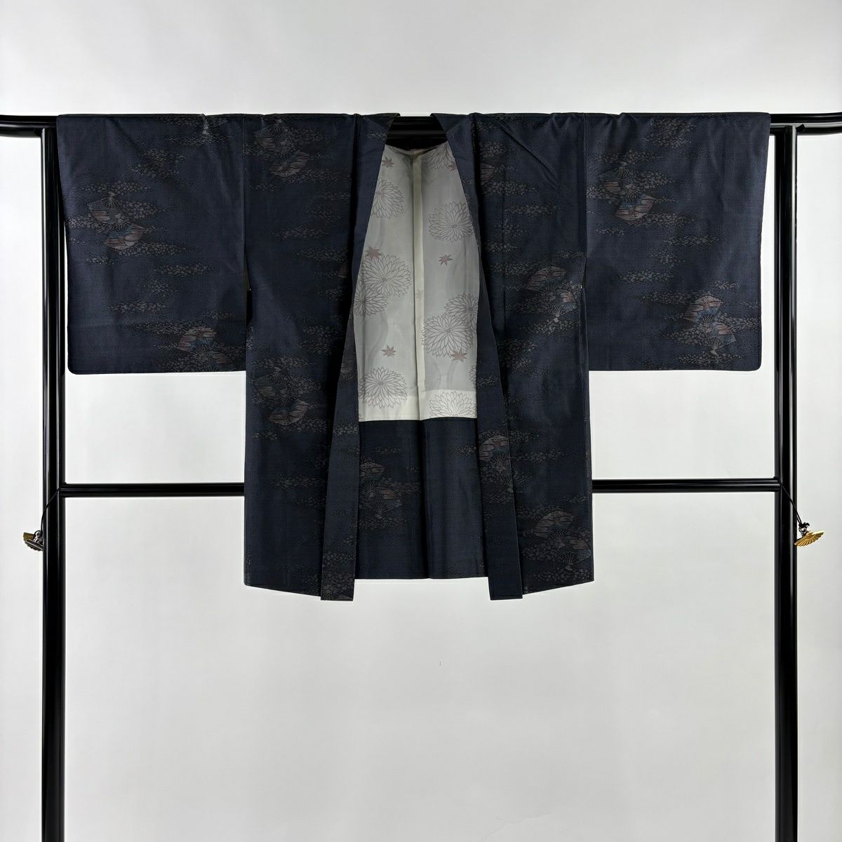 【美品】 紬織 身長162cm 袖長64.5cm M 雙層 套裝 扇子子 霞 深藍 純蠶絲 優品級