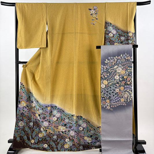 訪問服 身長167.5cm 袖長65.5cm M 雙層 袋帶套裝 辻花染圖案 金彩裝飾 染分 からし色 純蠶絲 名品級