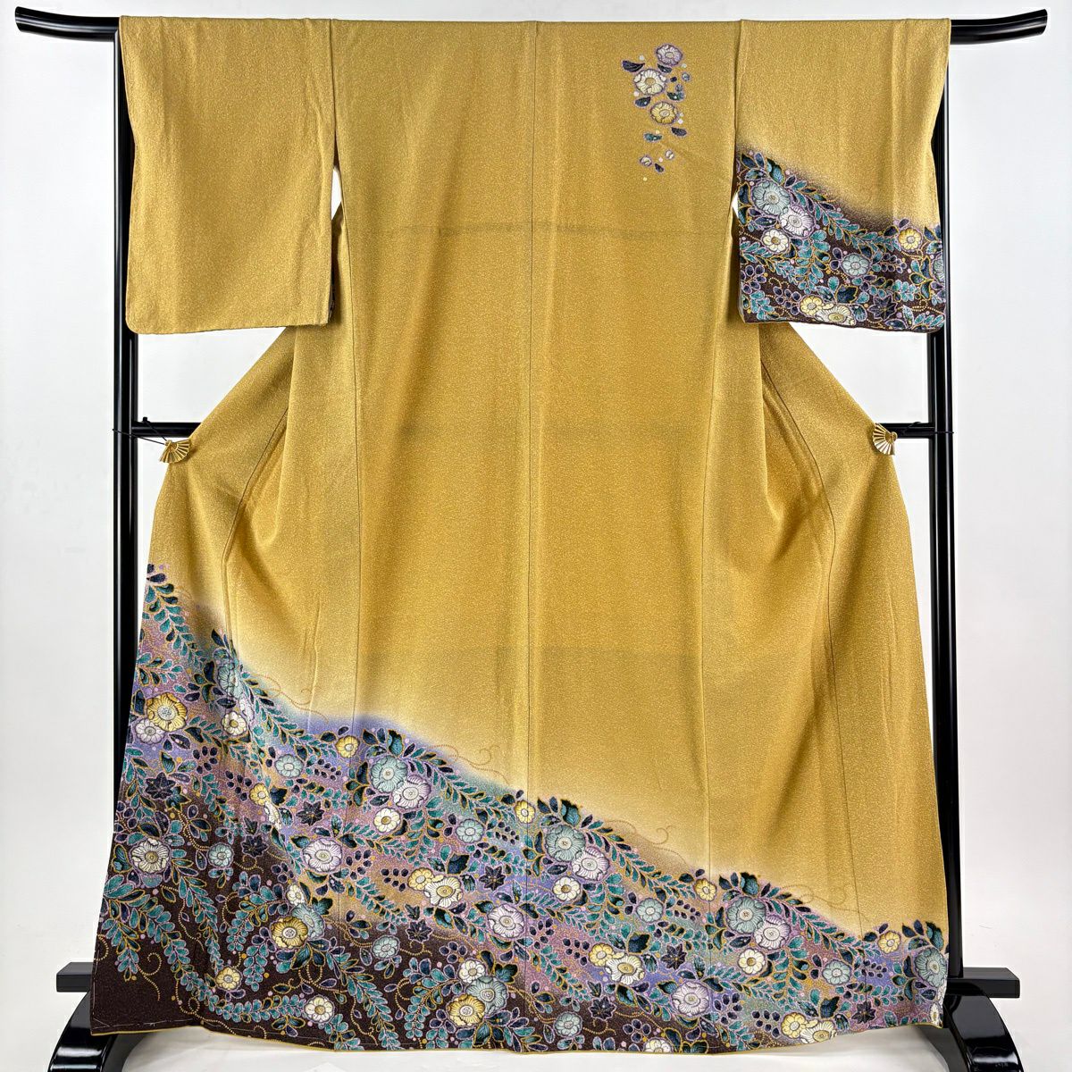 訪問服 身長167.5cm 袖長65.5cm M 雙層 袋帶套裝 辻花染圖案 金彩裝飾 染分 からし色 純蠶絲 名品級