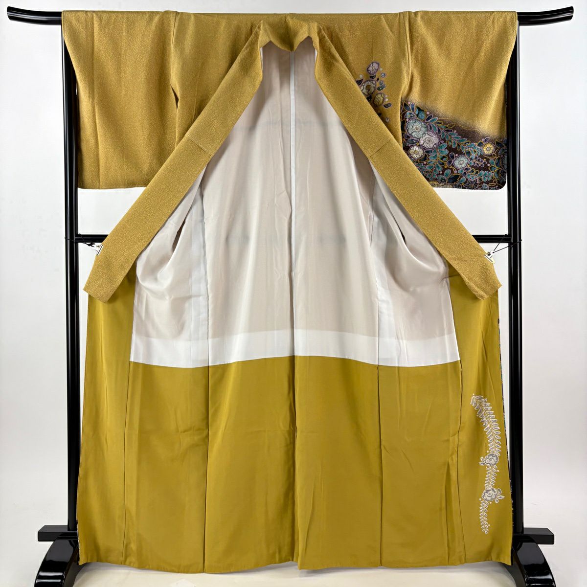 訪問服 身長167.5cm 袖長65.5cm M 雙層 袋帶套裝 辻花染圖案 金彩裝飾 染分 からし色 純蠶絲 名品級