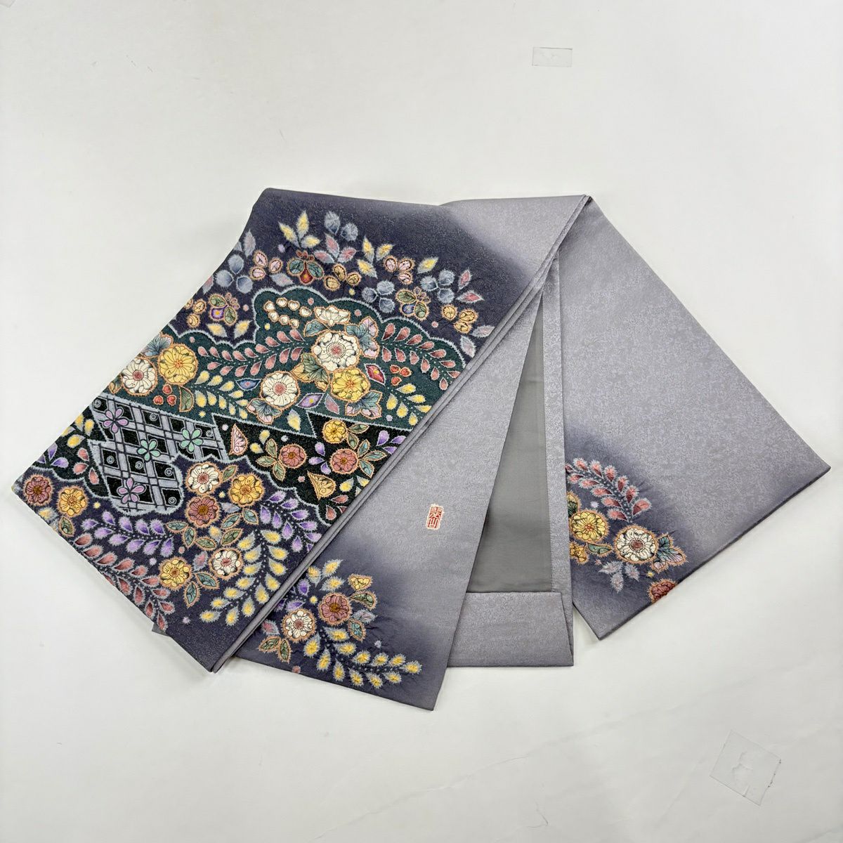 訪問服 身長167.5cm 袖長65.5cm M 雙層 袋帶套裝 辻花染圖案 金彩裝飾 染分 からし色 純蠶絲 名品級