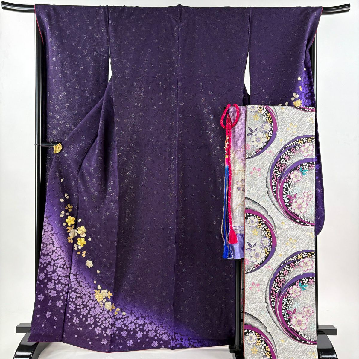 【美品】振袖禮服 身長166.5cm 袖長68cm L 雙層 袋帶全套 樱花 銀通刺繡 深紫 純蠶絲 名品級