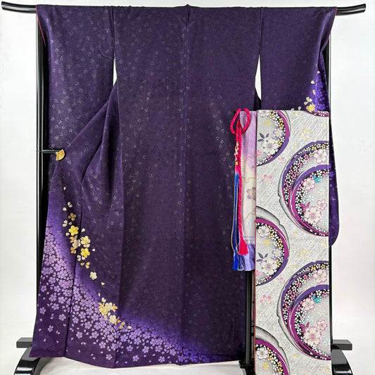 【美品】振袖禮服 身長166.5cm 袖長68cm L 雙層 袋帶全套 樱花 銀通刺繡 深紫 純蠶絲 名品級