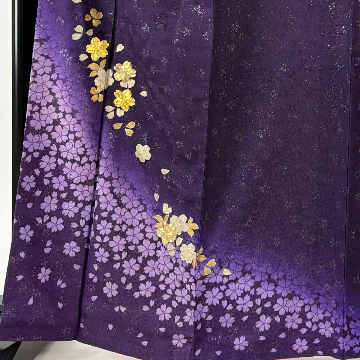 【美品】振袖禮服 身長166.5cm 袖長68cm L 雙層 袋帶全套 樱花 銀通刺繡 深紫 純蠶絲 名品級