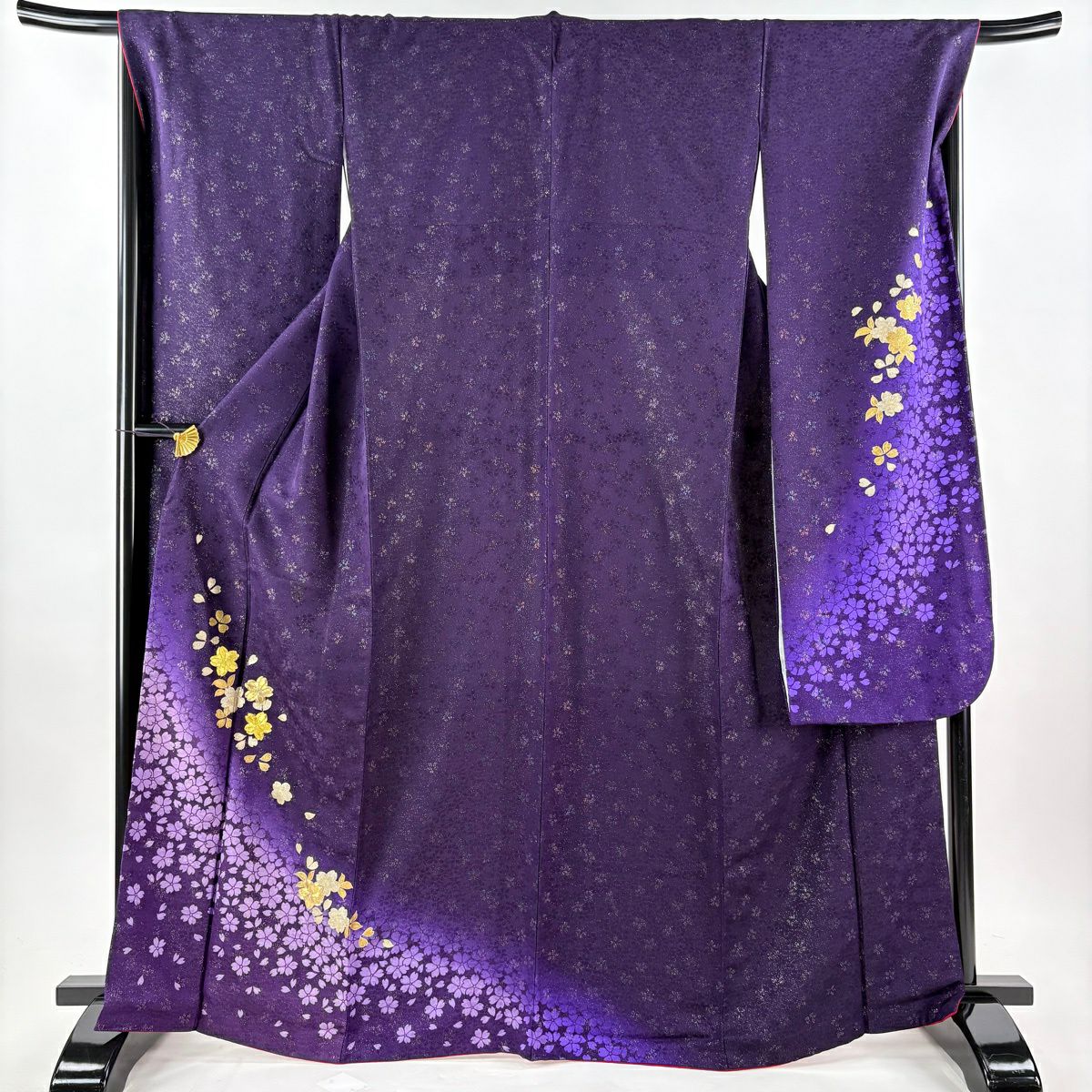 【美品】振袖禮服 身長166.5cm 袖長68cm L 雙層 袋帶全套 樱花 銀通刺繡 深紫 純蠶絲 名品級