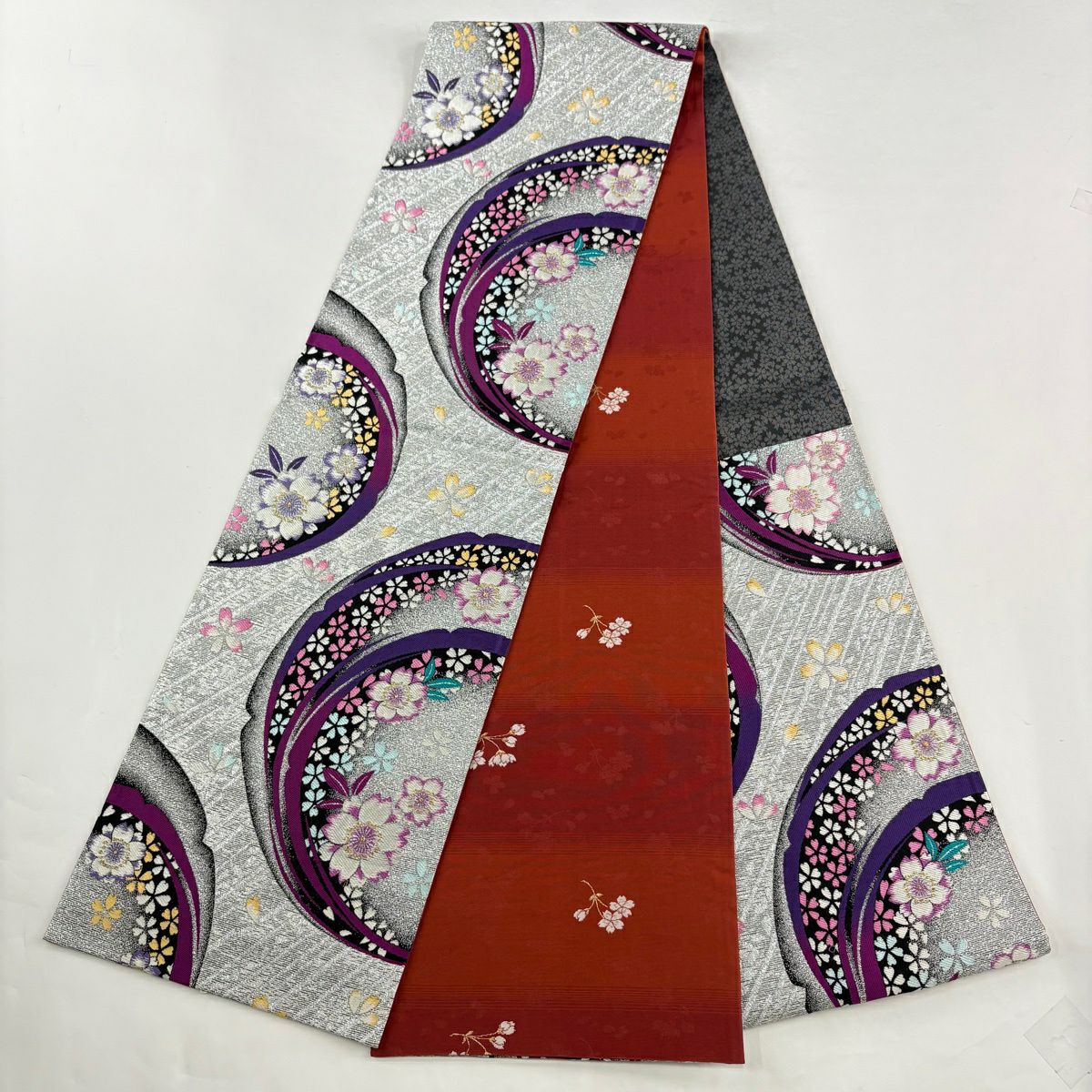【美品】振袖禮服 身長166.5cm 袖長68cm L 雙層 袋帶全套 樱花 銀通刺繡 深紫 純蠶絲 名品級
