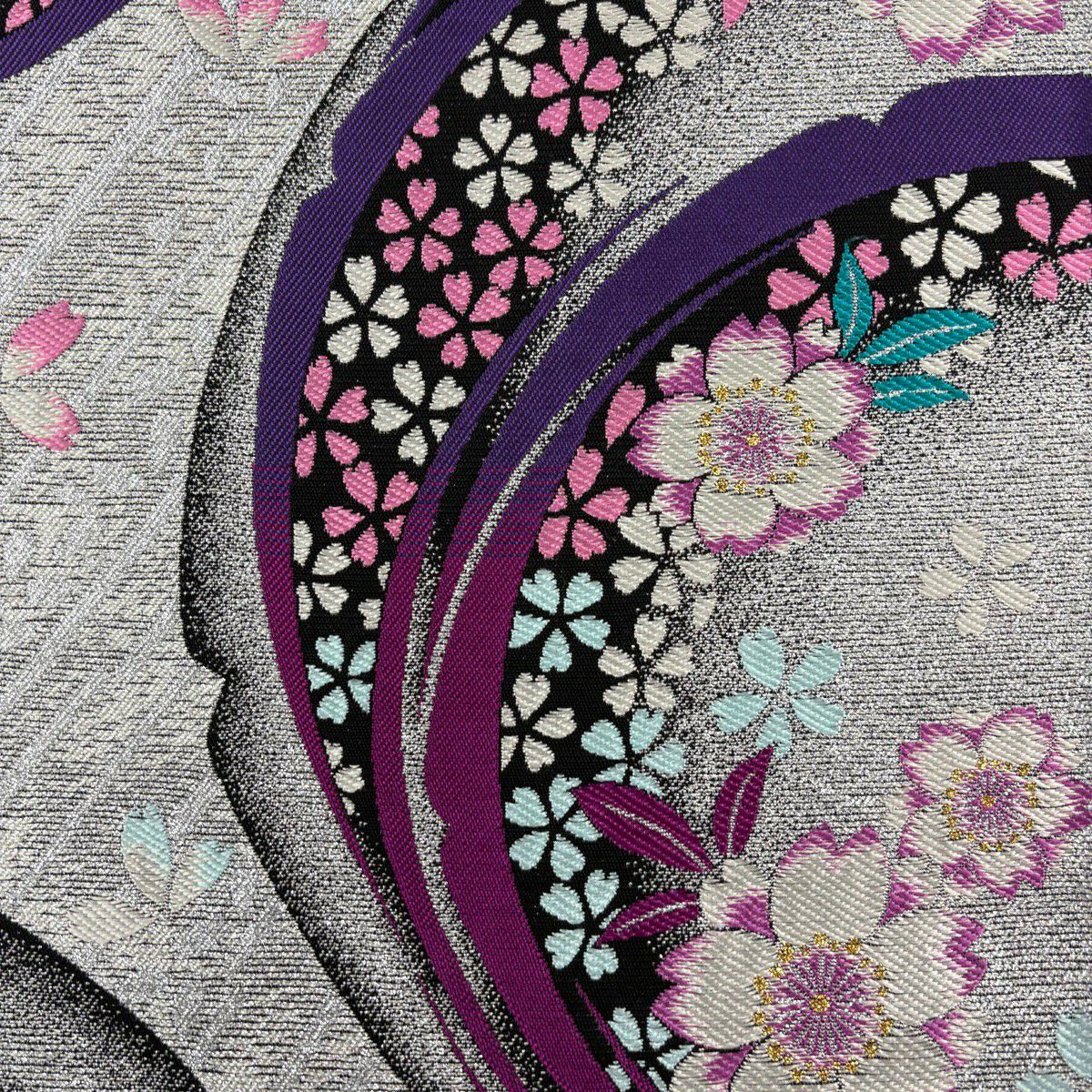 【美品】振袖禮服 身長166.5cm 袖長68cm L 雙層 袋帶全套 樱花 銀通刺繡 深紫 純蠶絲 名品級