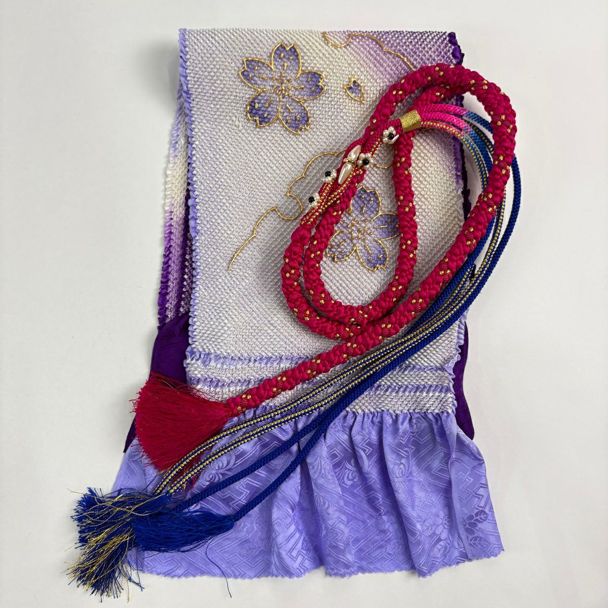 【美品】振袖禮服 身長166.5cm 袖長68cm L 雙層 袋帶全套 樱花 銀通刺繡 深紫 純蠶絲 名品級