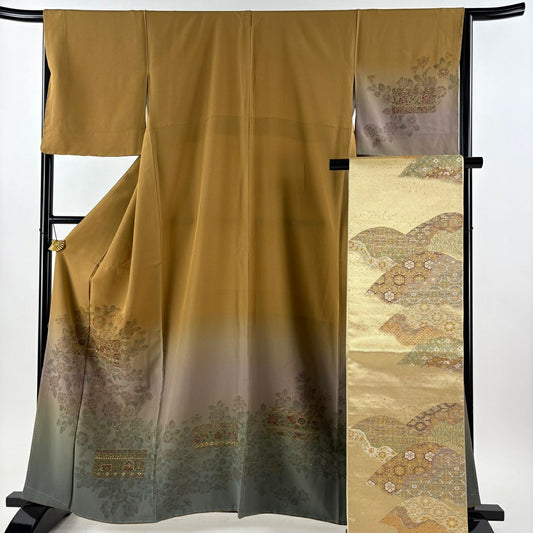 【美品】訪問服 身長162.5cm 袖長65.5cm M 雙層 袋帶套裝 草花紋紋 破れ色紙 金糸刺繡 山吹茶 純蠶絲 秀品級
