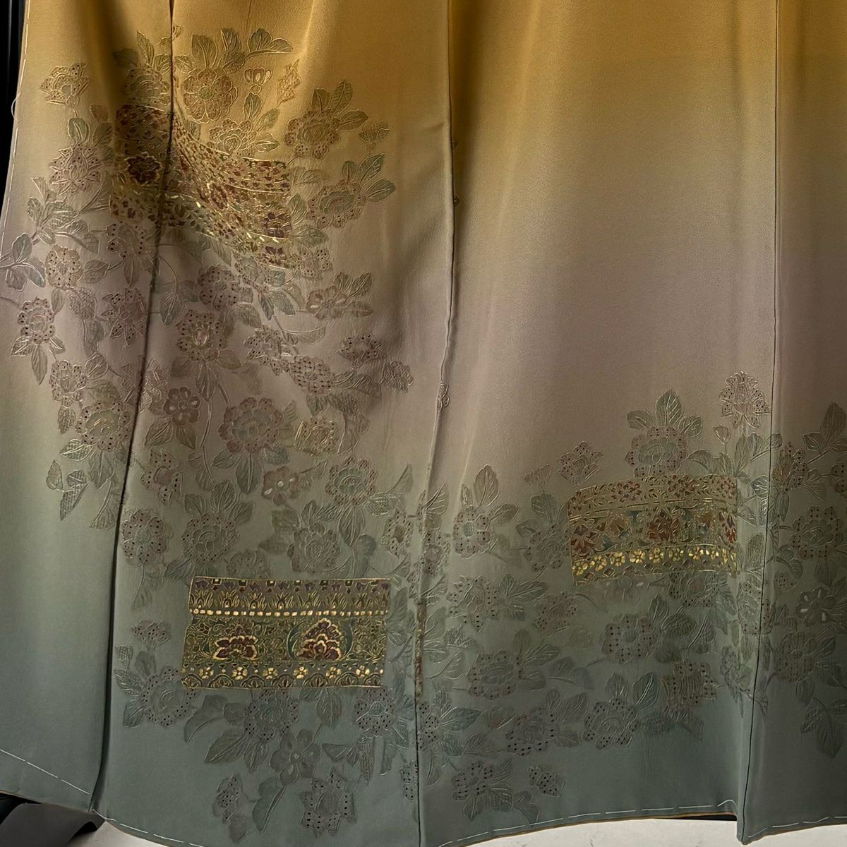【美品】訪問服 身長162.5cm 袖長65.5cm M 雙層 袋帶套裝 草花紋紋 破れ色紙 金糸刺繡 山吹茶 純蠶絲 秀品級