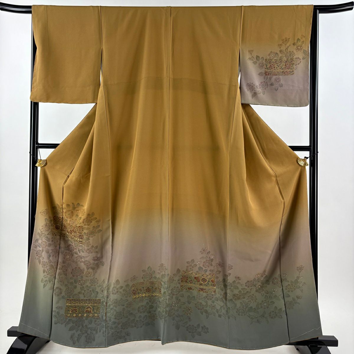 【美品】訪問服 身長162.5cm 袖長65.5cm M 雙層 袋帶套裝 草花紋紋 破れ色紙 金糸刺繡 山吹茶 純蠶絲 秀品級